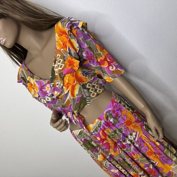 Vintage 2 Piece Skirt / Top Set Medium Large Tropical Floral Pink Resort Vibrant - Picture 13 of 13